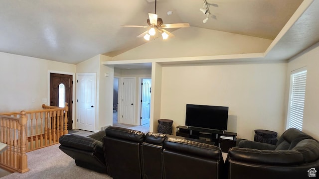 65 E 300 S, Salina, UT 84654 - living area featuring vaulted ceiling, carpet floors, and a ceiling fan