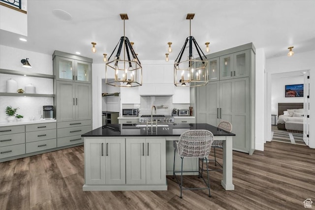 772 E Prairie Way, Washington, UT 84780 - kitchen featuring open shelves, a chandelier, dark countertops, decorative backsplash, and gray cabinets