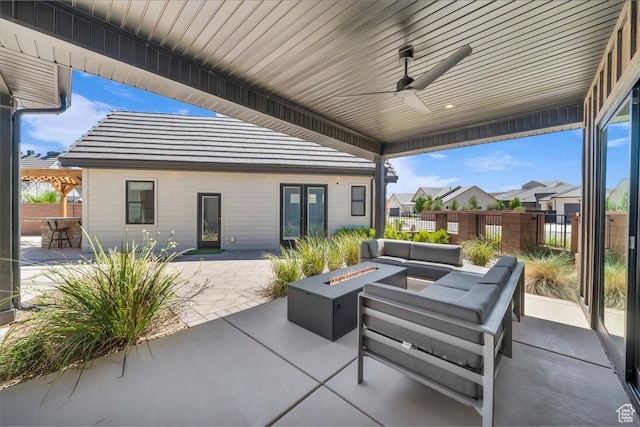 772 E Prairie Way, Washington, UT 84780 - view of patio with french doors, an outdoor living space with a fire pit, and a ceiling fan