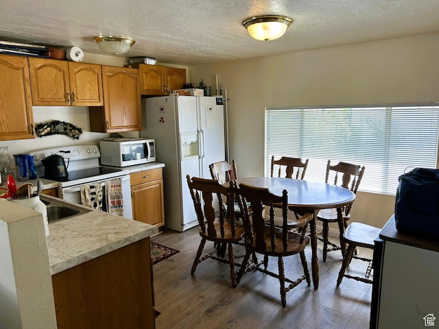 5223 N 930 E, Scofield, UT 84526 - kitchen with white appliances, light countertops, brown cabinets, dark wood-style flooring, and a textured ceiling