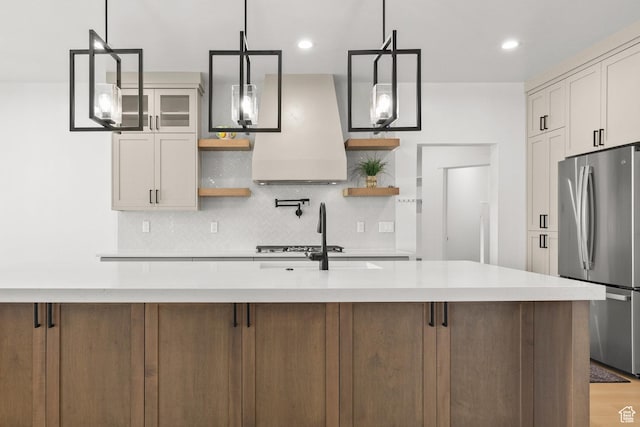 3359 W 3500 S, Wellsville, UT 84339 - kitchen featuring freestanding refrigerator, open shelves, exhaust hood, light countertops, and recessed lighting