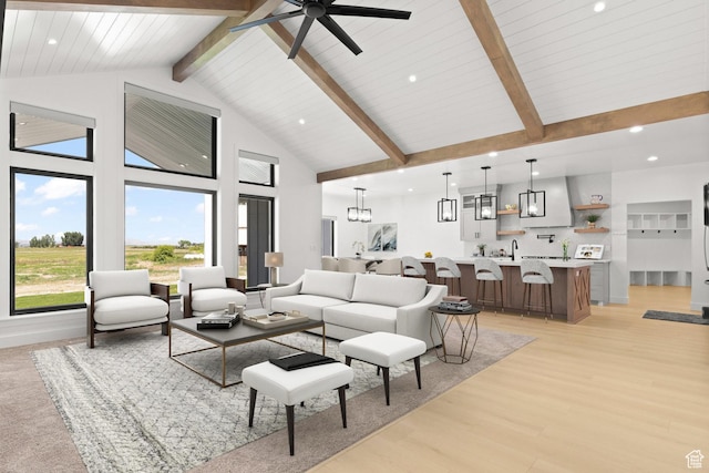 3359 W 3500 S, Wellsville, UT 84339 - living room featuring high vaulted ceiling, a ceiling fan, light wood-style flooring, recessed lighting, and a wood ceiling with exposed beams
