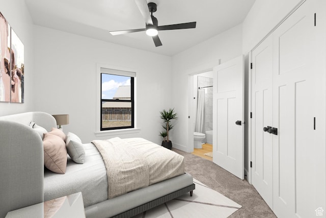 3359 W 3500 S, Wellsville, UT 84339 - bedroom with light carpet, ensuite bath, ceiling fan, and a closet