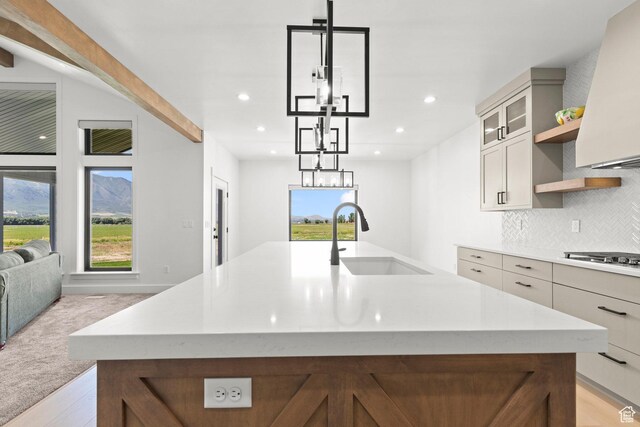 3359 W 3500 S, Wellsville, UT 84339 - kitchen featuring open shelves, a chandelier, stovetop, healthy amount of natural light, and recessed lighting