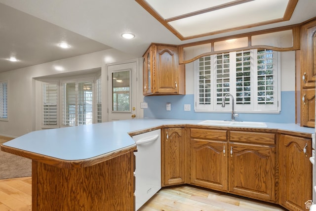 560 S 1350 E, Fruit Heights, UT 84037 - kitchen with white dishwasher, a peninsula, light countertops, light wood-style floors, and recessed lighting