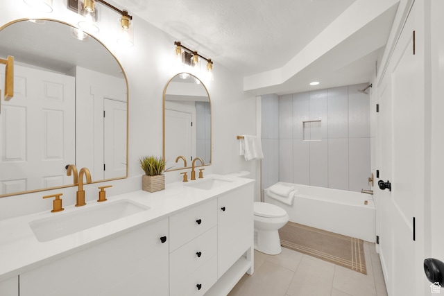 10852 S Starpine Dr, Sandy, UT 84094 - bathroom with double vanity, recessed lighting, shower / washtub combination, a textured ceiling, and tile patterned flooring