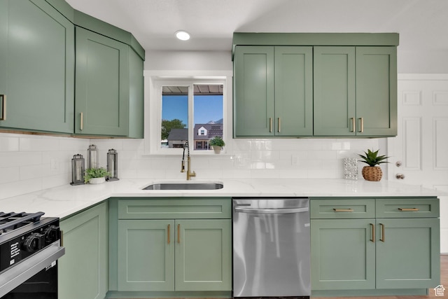 10852 S Starpine Dr, Sandy, UT 84094 - kitchen featuring green cabinetry, dishwasher, light stone counters, and tasteful backsplash