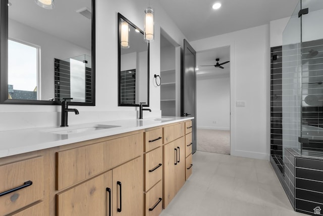 4269 N Maple Hollow Dr Unit 117, Lehi, UT 84043 - full bathroom with ceiling fan, double vanity, and tiled shower
