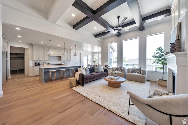 7991 S Ambrosia Ln, West Jordan, UT 84081 - living room with light wood-style floors, coffered ceiling, recessed lighting, beamed ceiling, and a fireplace