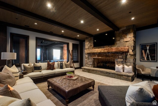 9156 E Forest Rd Unit 24, Heber City, UT 84032 - living room with carpet flooring, a wooden ceiling with exposed beams, a fireplace, and recessed lighting