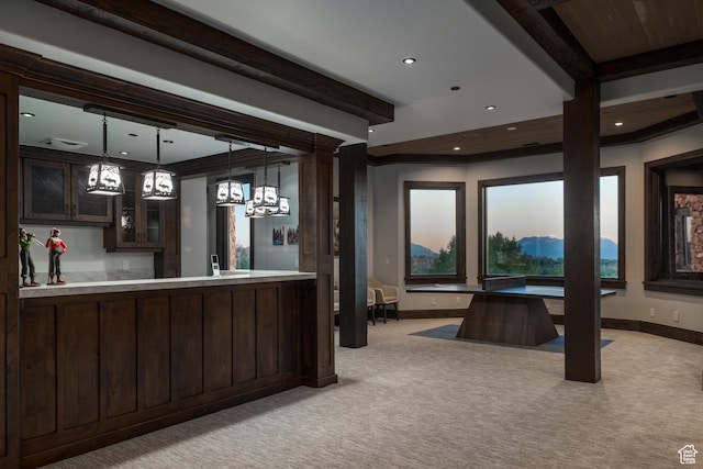9156 E Forest Rd Unit 24, Heber City, UT 84032 - kitchen with dark brown cabinets, light colored carpet, beam ceiling, recessed lighting, and light countertops