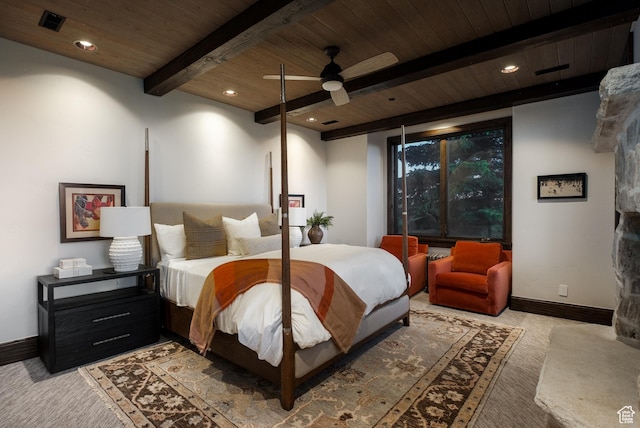 9156 E Forest Rd Unit 24, Heber City, UT 84032 - bedroom featuring a wood ceiling with exposed beams, carpet flooring, a ceiling fan, and recessed lighting