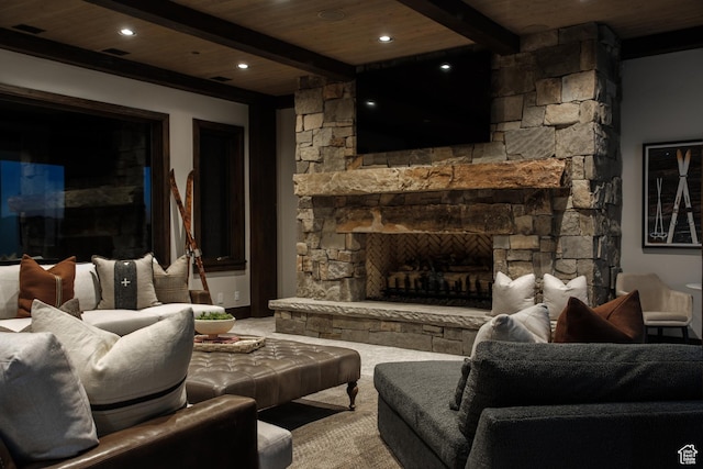 9156 E Forest Rd Unit 24, Heber City, UT 84032 - living room with a fireplace, a wood ceiling with exposed beams, carpet, and recessed lighting