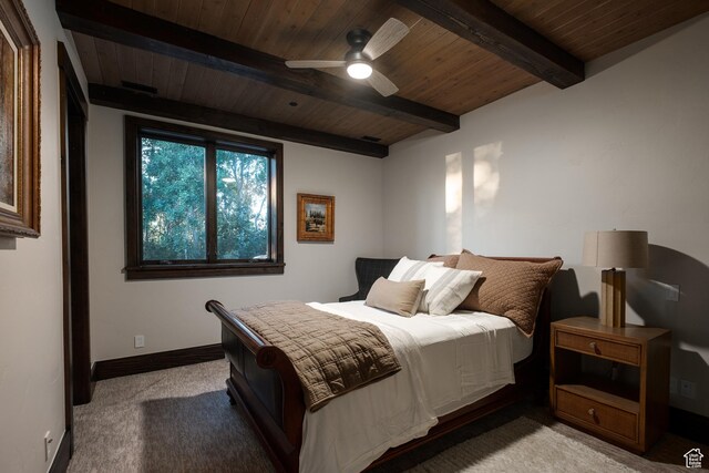 9156 E Forest Rd Unit 24, Heber City, UT 84032 - bedroom featuring carpet floors, a wooden ceiling with exposed beams, and ceiling fan