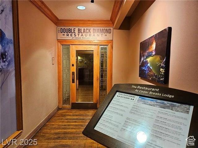 223 Hunter Ridge Rd Unit E121, Brian Head, UT 84719 - hallway featuring crown molding and dark wood-style floors