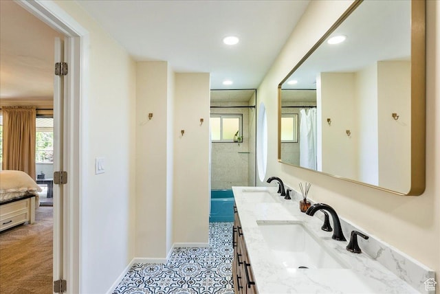 1680 E Fieldcrest Ln, Holladay, UT 84117 - ensuite bathroom with double vanity, recessed lighting, curtained shower, and tile patterned flooring