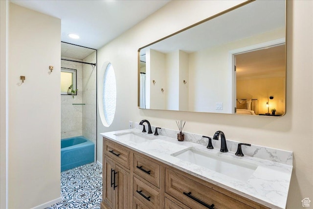 1680 E Fieldcrest Ln, Holladay, UT 84117 - full bath featuring double vanity, bathtub / shower combination, tile patterned floors, and recessed lighting
