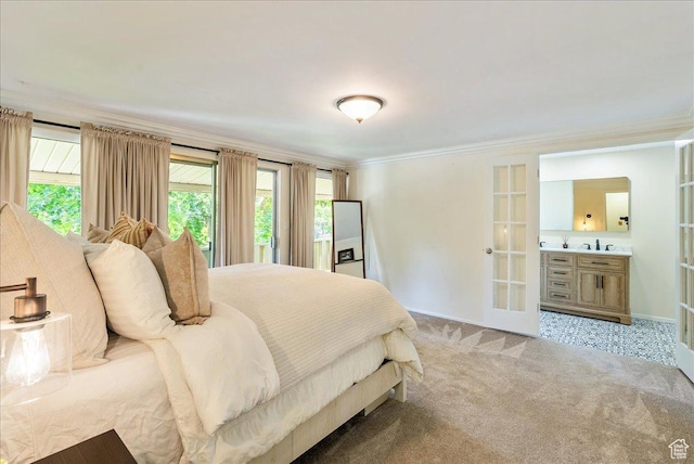 1680 E Fieldcrest Ln, Holladay, UT 84117 - bedroom featuring light colored carpet, ornamental molding, and french doors