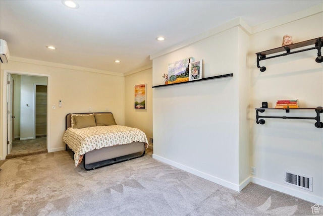 1680 E Fieldcrest Ln, Holladay, UT 84117 - bedroom with carpet flooring, recessed lighting, crown molding, and a wall mounted air conditioner