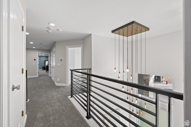 6273 S Oakcrest Cir, Holladay, UT 84121 - hallway with an upstairs landing, carpet flooring, and recessed lighting