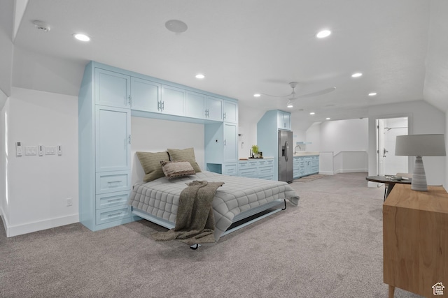 6273 S Oakcrest Cir, Holladay, UT 84121 - bedroom featuring stainless steel fridge with ice dispenser, light carpet, recessed lighting, and vaulted ceiling