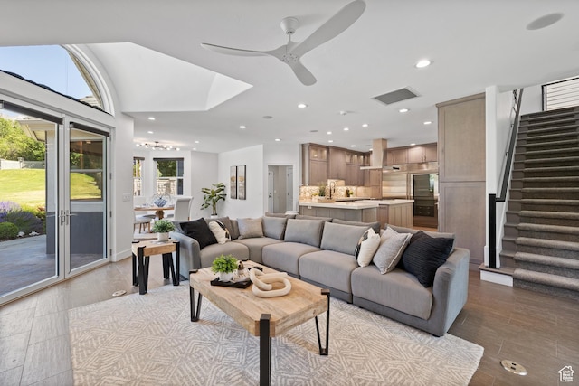 6273 S Oakcrest Cir, Holladay, UT 84121 - living area featuring stairway, a ceiling fan, recessed lighting, and light wood-style flooring