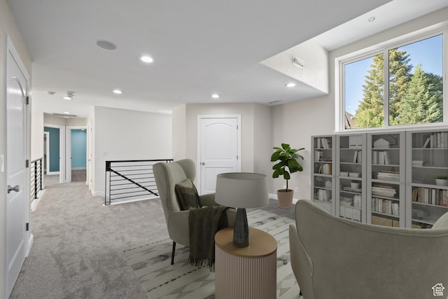 6273 S Oakcrest Cir, Holladay, UT 84121 - living area with an upstairs landing, recessed lighting, and carpet floors