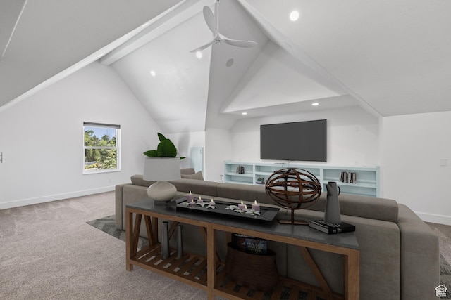 6273 S Oakcrest Cir, Holladay, UT 84121 - living room with carpet, recessed lighting, lofted ceiling, and a ceiling fan