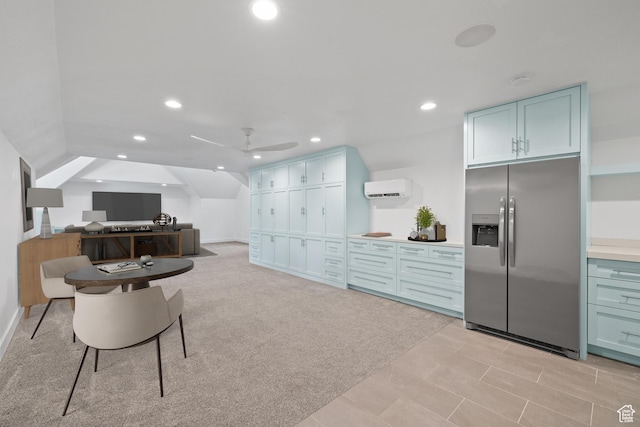6273 S Oakcrest Cir, Holladay, UT 84121 - dining area featuring a wall unit AC, recessed lighting, a ceiling fan, and vaulted ceiling