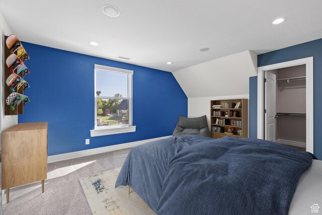 6273 S Oakcrest Cir, Holladay, UT 84121 - bedroom with lofted ceiling, carpet flooring, recessed lighting, and a walk in closet