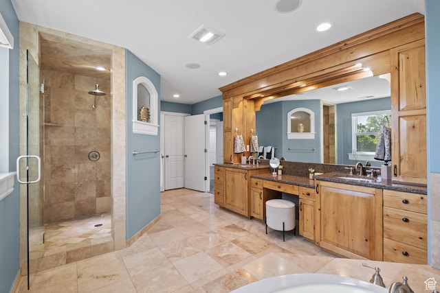 6273 S Oakcrest Cir, Holladay, UT 84121 - bathroom with a shower stall, double vanity, a tub to relax in, and recessed lighting