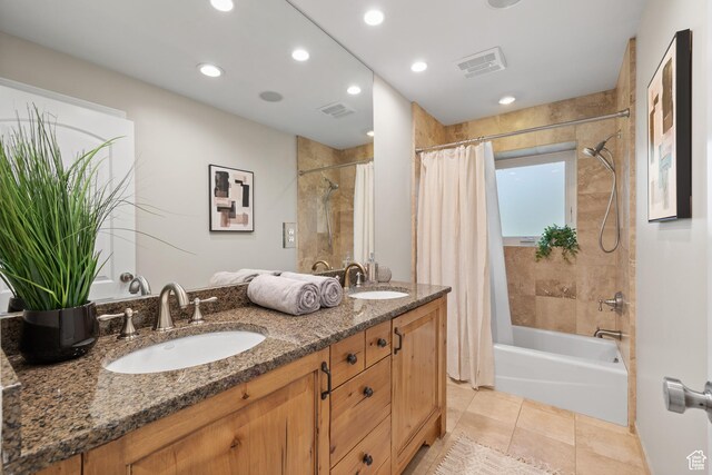 6273 S Oakcrest Cir, Holladay, UT 84121 - full bathroom featuring shower / bath combo with shower curtain, tile patterned floors, double vanity, and recessed lighting