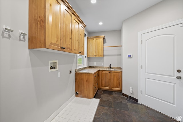 6273 S Oakcrest Cir, Holladay, UT 84121 - laundry room with cabinet space, hookup for an electric dryer, washer hookup, recessed lighting, and dark stone finish floors