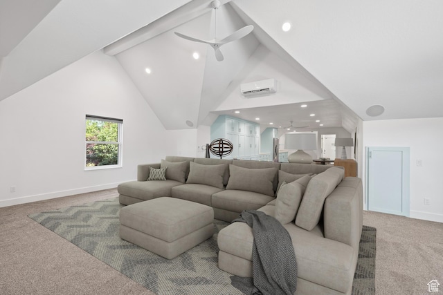 6273 S Oakcrest Cir, Holladay, UT 84121 - living room featuring an AC wall unit, ceiling fan, light carpet, vaulted ceiling, and recessed lighting