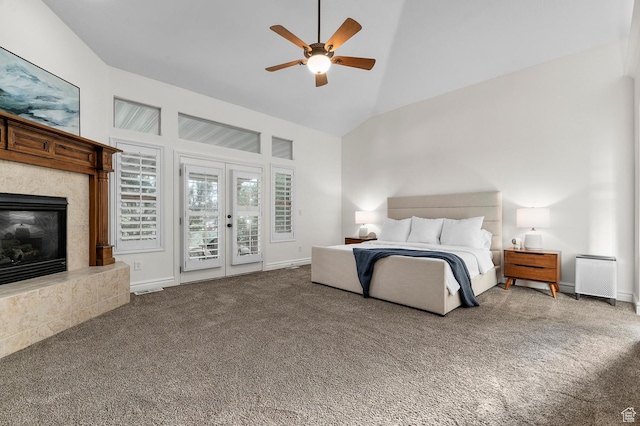 1524 E 330 N, Lehi, UT 84043 - carpeted bedroom with access to exterior, high vaulted ceiling, a fireplace, and ceiling fan