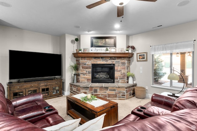 1524 E 330 N, Lehi, UT 84043 - living area with carpet, a ceiling fan, and a stone fireplace