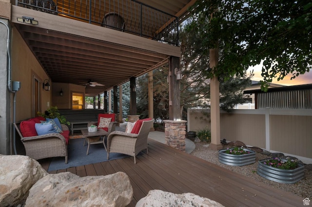 1524 E 330 N, Lehi, UT 84043 - wooden deck with outdoor lounge area, a ceiling fan, and a hot tub