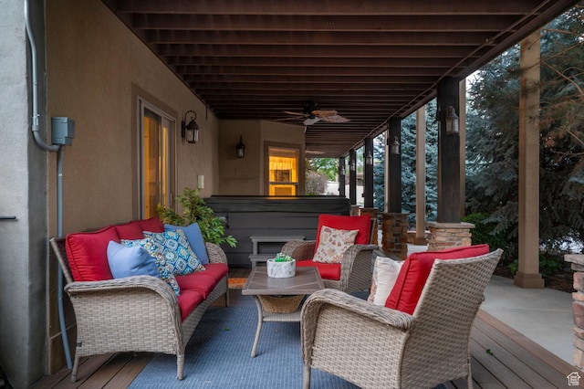 1524 E 330 N, Lehi, UT 84043 - view of patio with an outdoor living space, a hot tub, a ceiling fan, and a deck