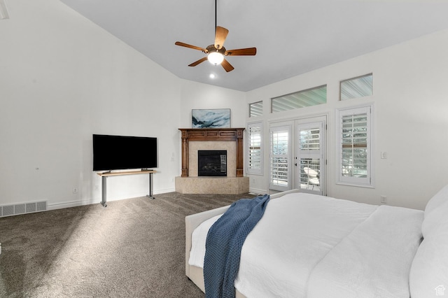 1524 E 330 N, Lehi, UT 84043 - bedroom featuring access to exterior, carpet, lofted ceiling, a fireplace, and ceiling fan