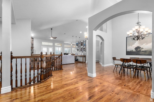 1524 E 330 N, Lehi, UT 84043 - dining room with ceiling fan, wood finished floors, high vaulted ceiling, arched walkways, and a chandelier