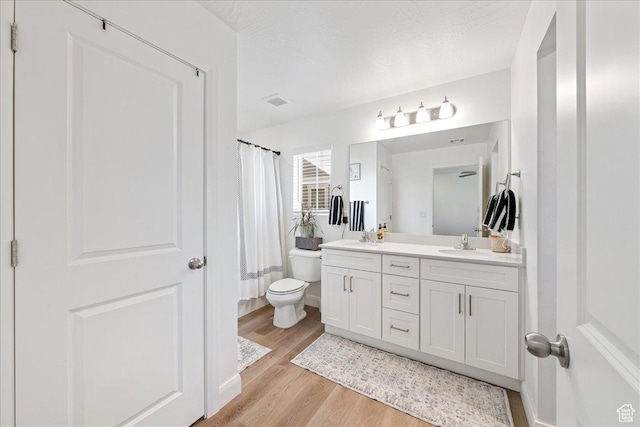 6029 S Carnelian Pkwy, St George, UT 84790 - bathroom with wood finished floors, double vanity, and a shower with shower curtain