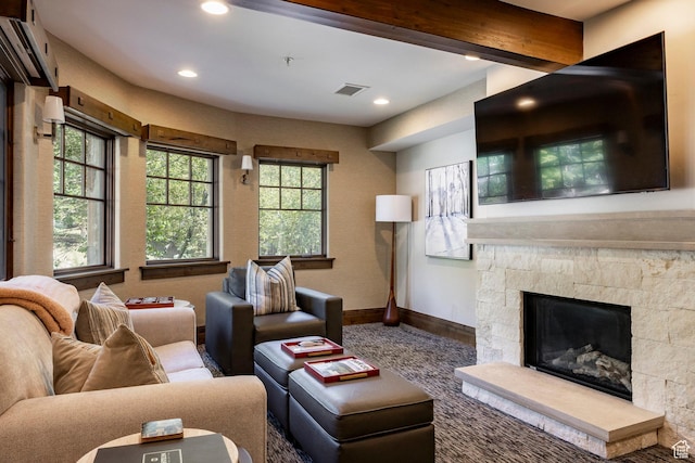7815 Royal St Unit C259, Park City, UT 84060 - living area with recessed lighting, a stone fireplace, wood finished floors, and beam ceiling