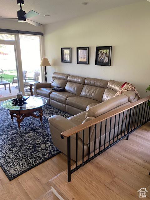 1014 W Bloomington Dr S, St George, UT 84790 - living room featuring ceiling fan and wood finished floors