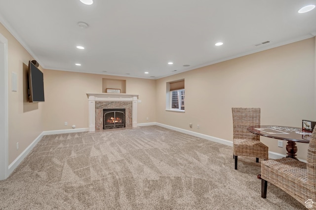 14012 S Osborne Ln E, Draper, UT 84020 - unfurnished room featuring light carpet, recessed lighting, ornamental molding, and a lit fireplace