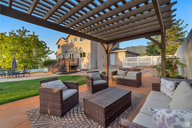 14012 S Osborne Ln E, Draper, UT 84020 - fenced backyard featuring an outdoor living space, stairway, a patio, a pergola, and a deck