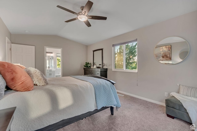 14012 S Osborne Ln E, Draper, UT 84020 - bedroom featuring multiple windows, lofted ceiling, carpet, a ceiling fan, and connected bathroom