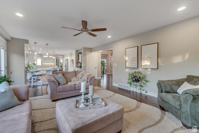 14012 S Osborne Ln E, Draper, UT 84020 - living area with a ceiling fan, wood finished floors, and recessed lighting