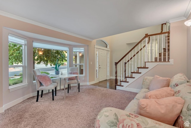14012 S Osborne Ln E, Draper, UT 84020 - living area with carpet, ornamental molding, healthy amount of natural light, and stairway