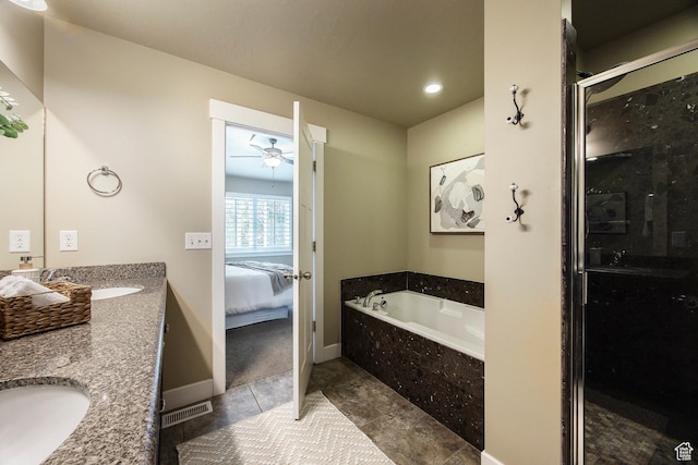7902 S Farm House Ln E, Midvale, UT 84047 - bathroom with a bath, double vanity, a stall shower, ensuite bathroom, and a ceiling fan