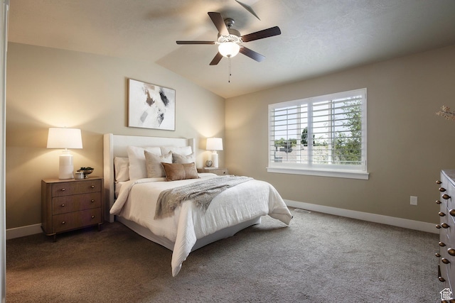 7902 S Farm House Ln E, Midvale, UT 84047 - bedroom featuring dark colored carpet, lofted ceiling, and a ceiling fan